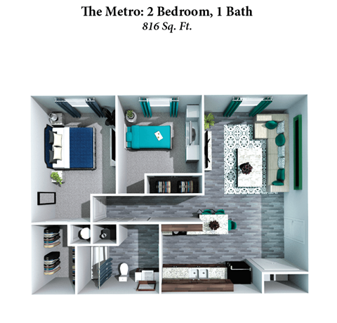 Floor plan for 2 beds, 1 bath, 816 sqft